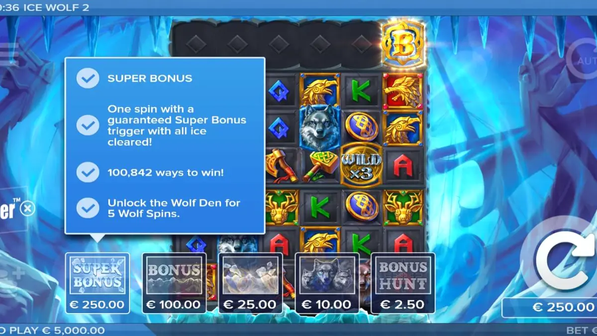 ภาพกราฟิกธีมน้ำแข็งและหมาป่าจากเกมสล็อต Ice Wolf 2