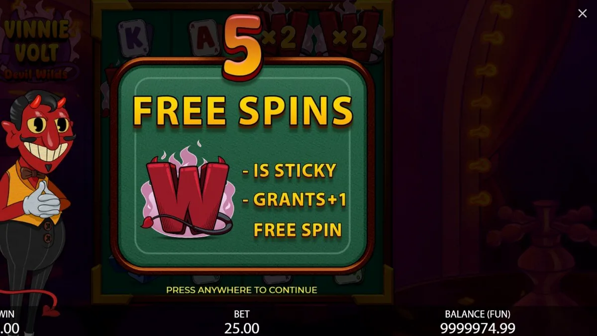Vinnie Volt: Devil Wilds slot game interface featuring the dapper devil character